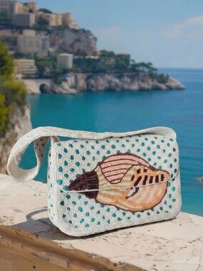 Hand-Beaded Seashell Crossbody Bag in Cream & Teal